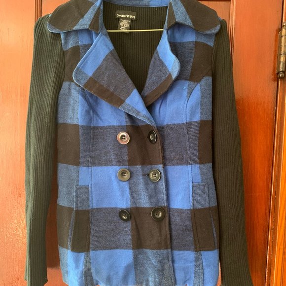 Blue Plaid Jacket with Sweater Sleeves - Picture 2 of 3